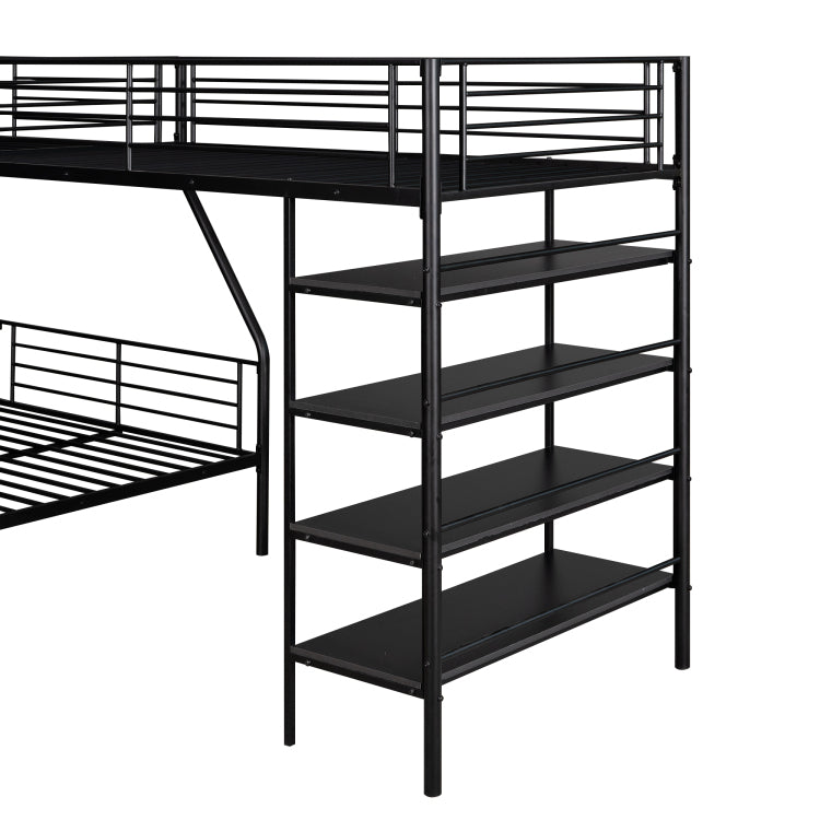 L Shaped Metal Twin Over Full Bunk Bed And Twin Size Loft Bed With Four Built In Shelves,Black