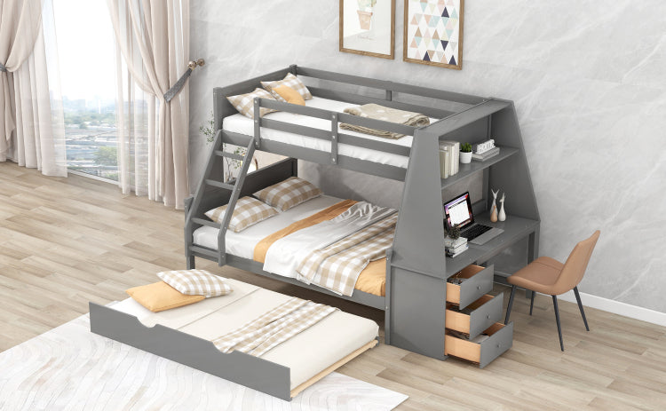 Twin Over Full Bunk Bed With Trundle And Built In Desk, Three Storage Drawers And Shelf,Gray