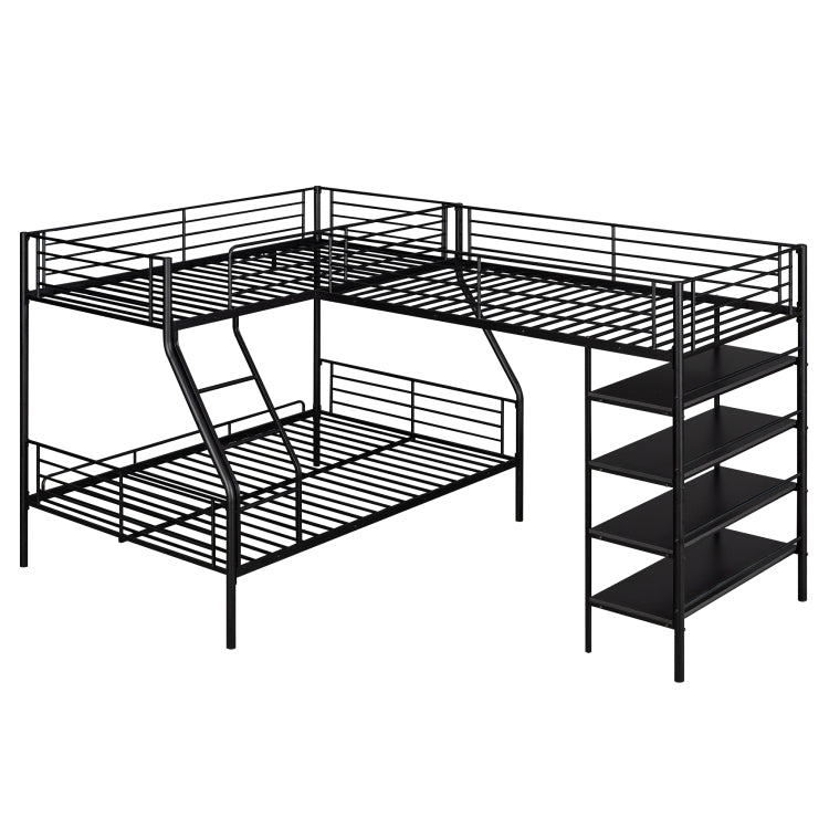 L Shaped Metal Twin Over Full Bunk Bed And Twin Size Loft Bed With Four Built In Shelves,Black