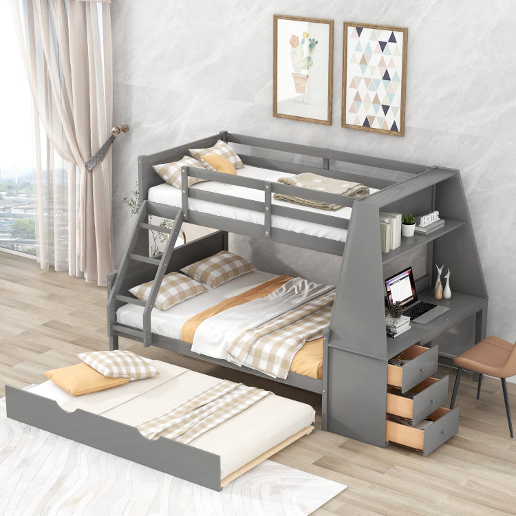 Twin Over Full Bunk Bed With Trundle And Built In Desk, Three Storage Drawers And Shelf,Gray