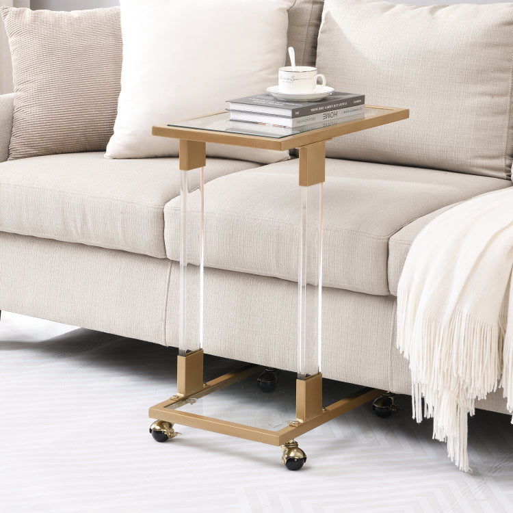 Golden Side Table, Acrylic Sofa Table, Glass Top C Shape Table With Metal Base For Living Room, Bedroom, Balcony Home And Office