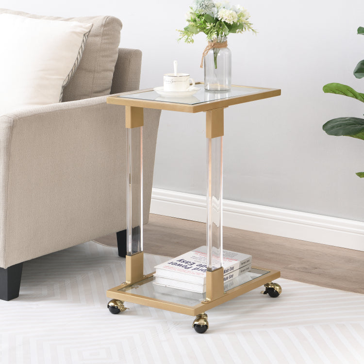 Golden Side Table, Acrylic Sofa Table, Glass Top C Shape Table With Metal Base For Living Room, Bedroom, Balcony Home And Office