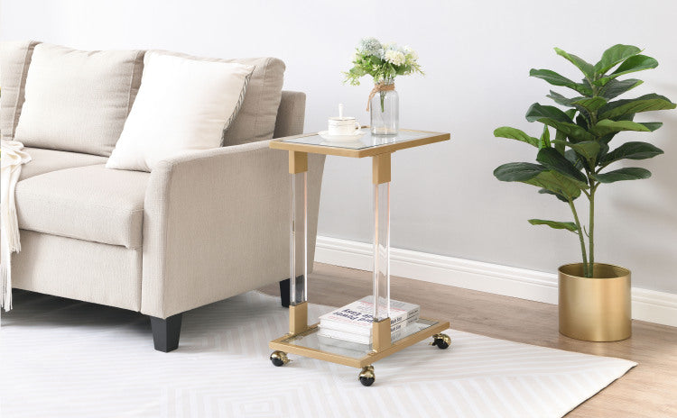 Golden Side Table, Acrylic Sofa Table, Glass Top C Shape Table With Metal Base For Living Room, Bedroom, Balcony Home And Office