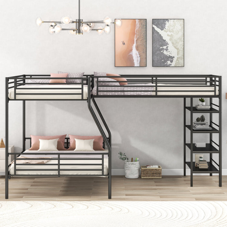 L Shaped Metal Twin Over Full Bunk Bed And Twin Size Loft Bed With Four Built In Shelves,Black