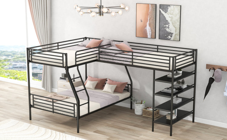 L Shaped Metal Twin Over Full Bunk Bed And Twin Size Loft Bed With Four Built In Shelves,Black