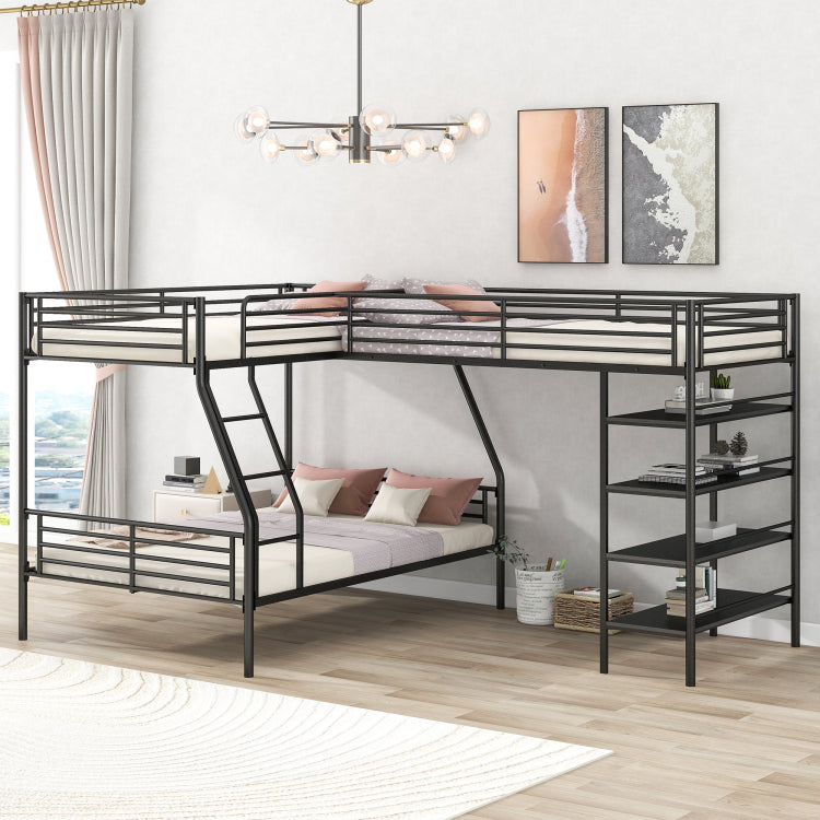 L Shaped Metal Twin Over Full Bunk Bed And Twin Size Loft Bed With Four Built In Shelves,Black