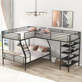 L Shaped Metal Twin Over Full Bunk Bed And Twin Size Loft Bed With Four Built In Shelves,Black