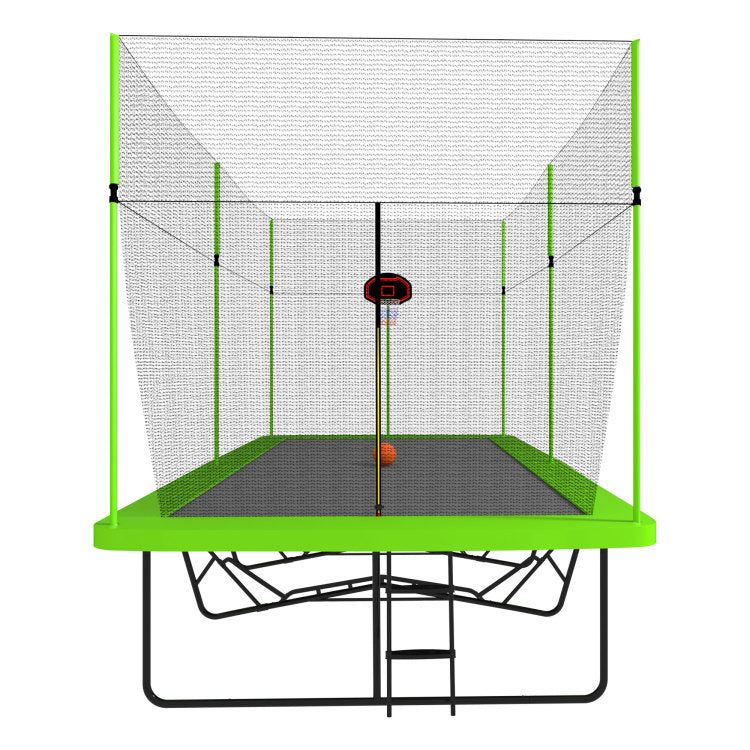 10Ft By 17Ft Rectangule Trampoline With Green Fabric Black Powder Coated Galvanized Steel Tubes With Basketball Hoop System Advanced Ladder