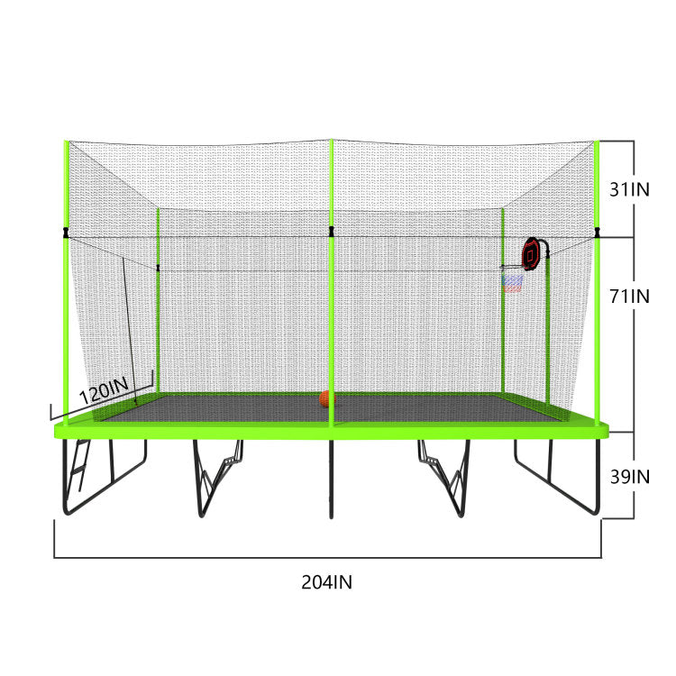 10Ft By 17Ft Rectangule Trampoline With Green Fabric Black Powder Coated Galvanized Steel Tubes With Basketball Hoop System Advanced Ladder