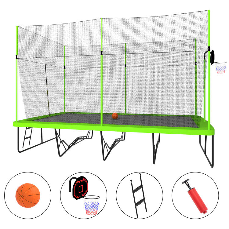 10Ft By 17Ft Rectangule Trampoline With Green Fabric Black Powder Coated Galvanized Steel Tubes With Basketball Hoop System Advanced Ladder