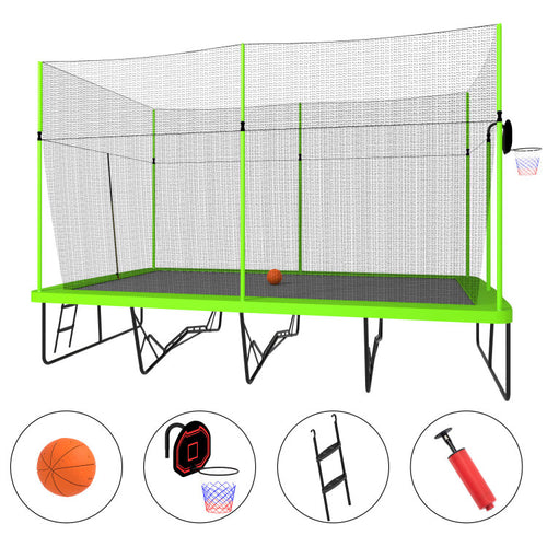 10Ft By 17Ft Rectangule Trampoline With Green Fabric Black Powder Coated Galvanized Steel Tubes With Basketball Hoop System Advanced Ladder