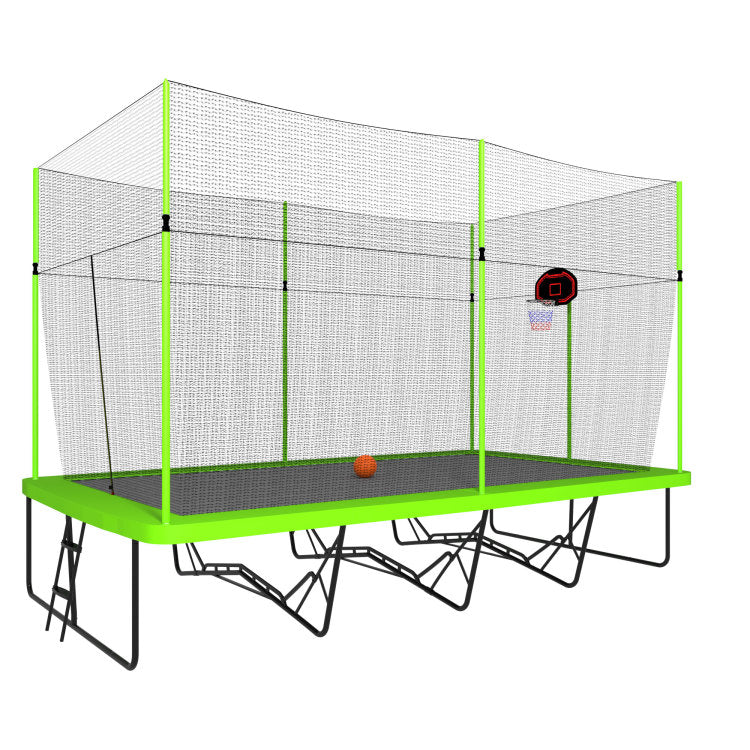 10Ft By 17Ft Rectangule Trampoline With Green Fabric Black Powder Coated Galvanized Steel Tubes With Basketball Hoop System Advanced Ladder
