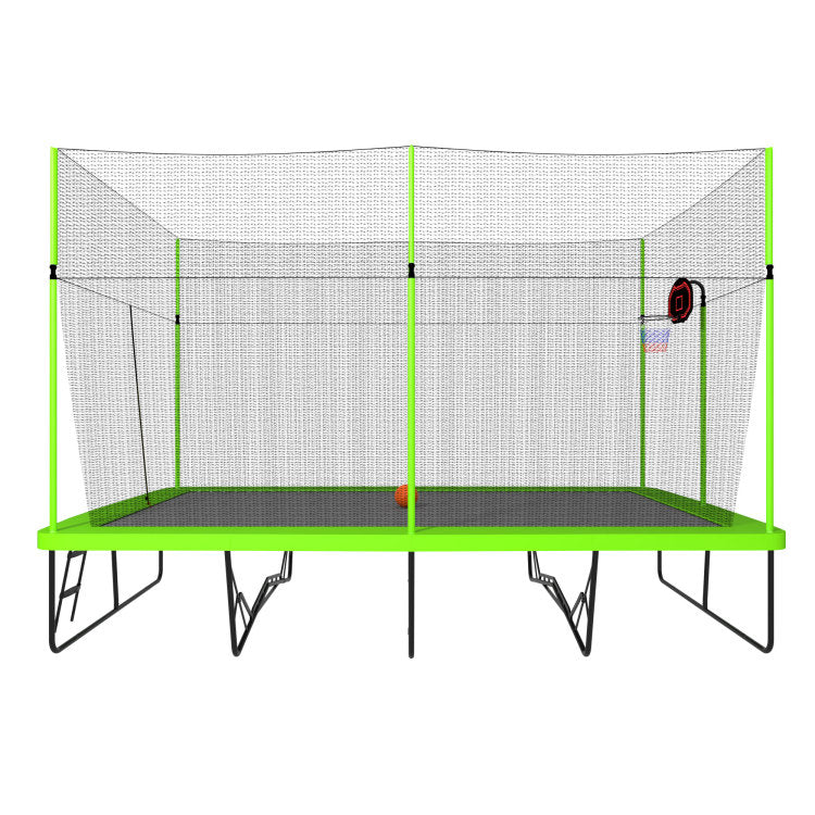 10Ft By 17Ft Rectangule Trampoline With Green Fabric Black Powder Coated Galvanized Steel Tubes With Basketball Hoop System Advanced Ladder