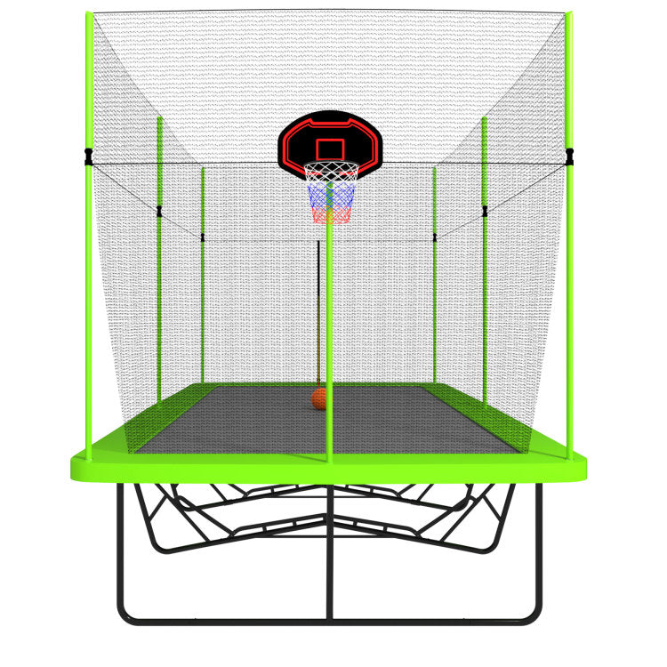 10Ft By 17Ft Rectangule Trampoline With Green Fabric Black Powder Coated Galvanized Steel Tubes With Basketball Hoop System Advanced Ladder