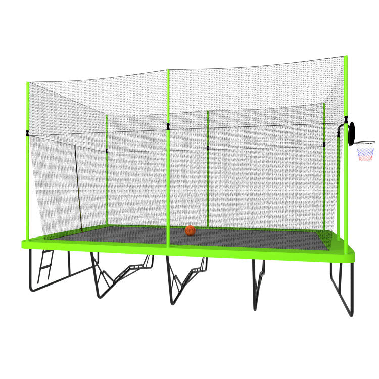 10Ft By 17Ft Rectangule Trampoline With Green Fabric Black Powder Coated Galvanized Steel Tubes With Basketball Hoop System Advanced Ladder