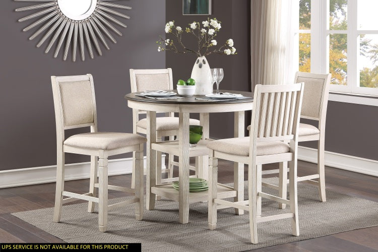Antique White And Brown Finish 5Pc Counter Height Dining Set Table W Built In Shelves And 4X Counter Height Chairs Wooden Dining Room Furniture