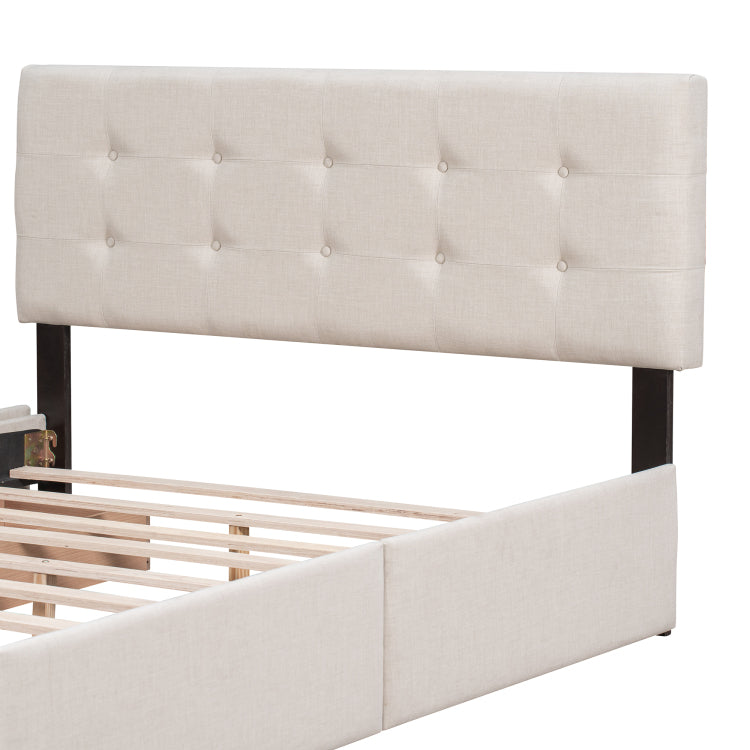 Upholstered Platform Bed With Classic Headboard And 4 Drawers, No Box Spring Needed, Linen Fabric, Queen Size Beige Old Sku :Lp000114Aaa