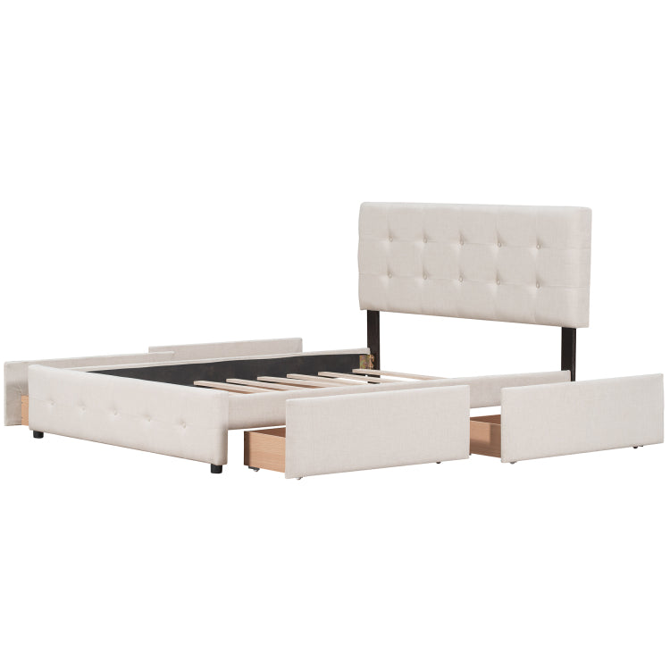 Upholstered Platform Bed With Classic Headboard And 4 Drawers, No Box Spring Needed, Linen Fabric, Queen Size Beige Old Sku :Lp000114Aaa