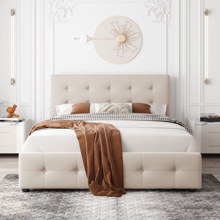 Upholstered Platform Bed With Classic Headboard And 4 Drawers, No Box Spring Needed, Linen Fabric, Queen Size Beige Old Sku :Lp000114Aaa