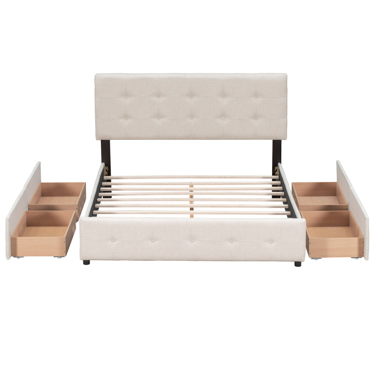 Upholstered Platform Bed With Classic Headboard And 4 Drawers, No Box Spring Needed, Linen Fabric, Queen Size Beige Old Sku :Lp000114Aaa