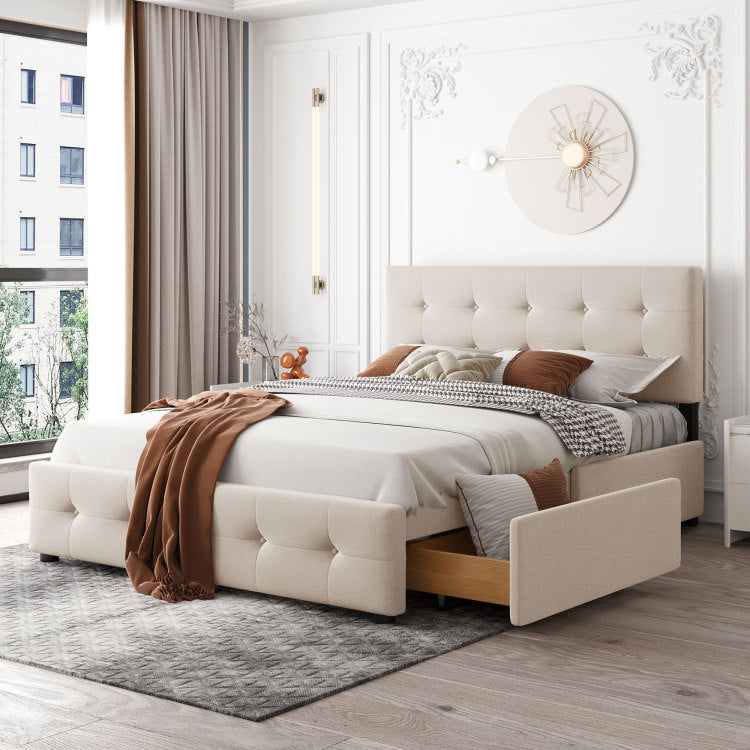 Upholstered Platform Bed With Classic Headboard And 4 Drawers, No Box Spring Needed, Linen Fabric, Queen Size Beige Old Sku :Lp000114Aaa