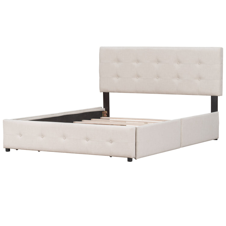 Upholstered Platform Bed With Classic Headboard And 4 Drawers, No Box Spring Needed, Linen Fabric, Queen Size Beige Old Sku :Lp000114Aaa