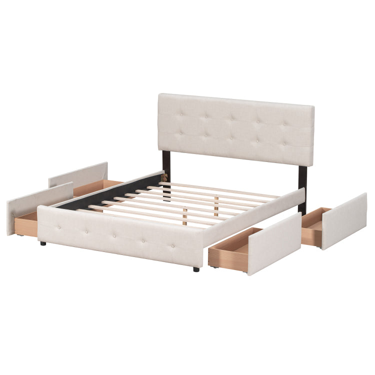 Upholstered Platform Bed With Classic Headboard And 4 Drawers, No Box Spring Needed, Linen Fabric, Queen Size Beige Old Sku :Lp000114Aaa