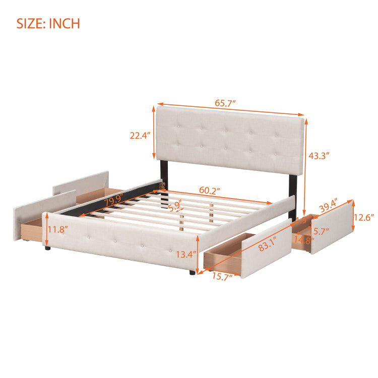 Upholstered Platform Bed With Classic Headboard And 4 Drawers, No Box Spring Needed, Linen Fabric, Queen Size Beige Old Sku :Lp000114Aaa