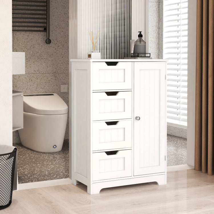 White Freestanding Floor Storage Cabinet With Adjustable Shelves, 4 Drawers And 1 Door
