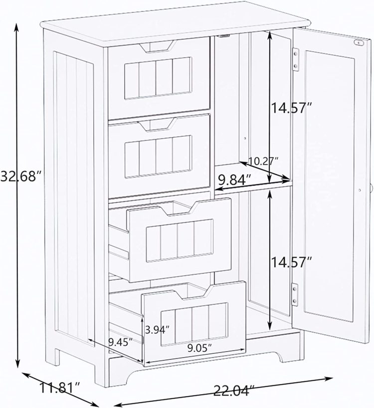 White Freestanding Floor Storage Cabinet With Adjustable Shelves, 4 Drawers And 1 Door