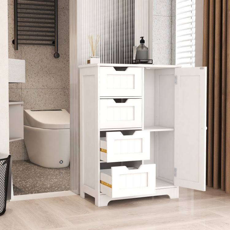 White Freestanding Floor Storage Cabinet With Adjustable Shelves, 4 Drawers And 1 Door