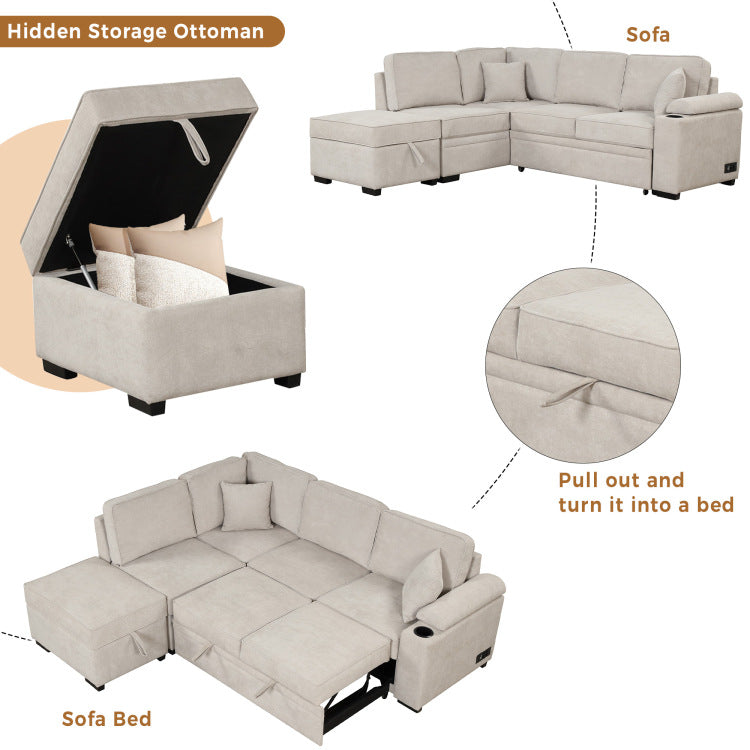 84.75" Sleeper Sofa Bed,2 In 1 Pull Out Sofa Bed L Shape Couch With Storage Ottoman For Living Room,Bedroom Couch And Small Apartment, Beige