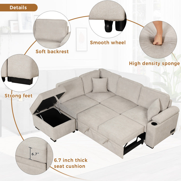 84.75" Sleeper Sofa Bed,2 In 1 Pull Out Sofa Bed L Shape Couch With Storage Ottoman For Living Room,Bedroom Couch And Small Apartment, Beige
