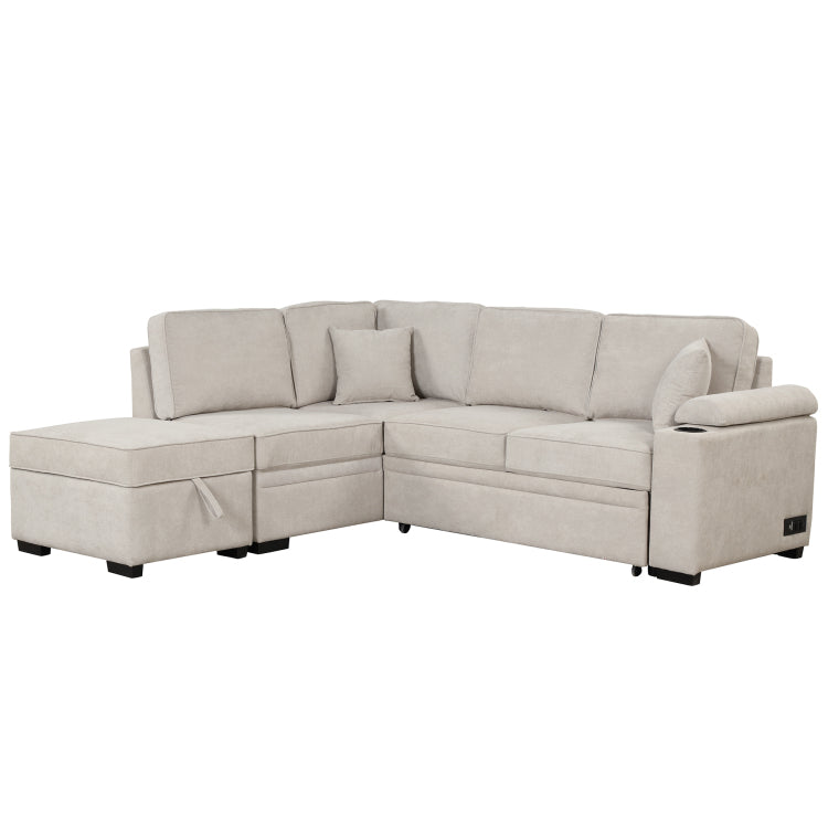 84.75" Sleeper Sofa Bed,2 In 1 Pull Out Sofa Bed L Shape Couch With Storage Ottoman For Living Room,Bedroom Couch And Small Apartment, Beige