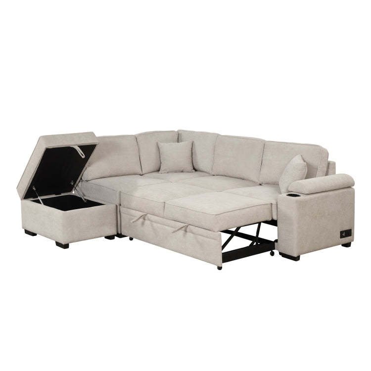 84.75" Sleeper Sofa Bed,2 In 1 Pull Out Sofa Bed L Shape Couch With Storage Ottoman For Living Room,Bedroom Couch And Small Apartment, Beige