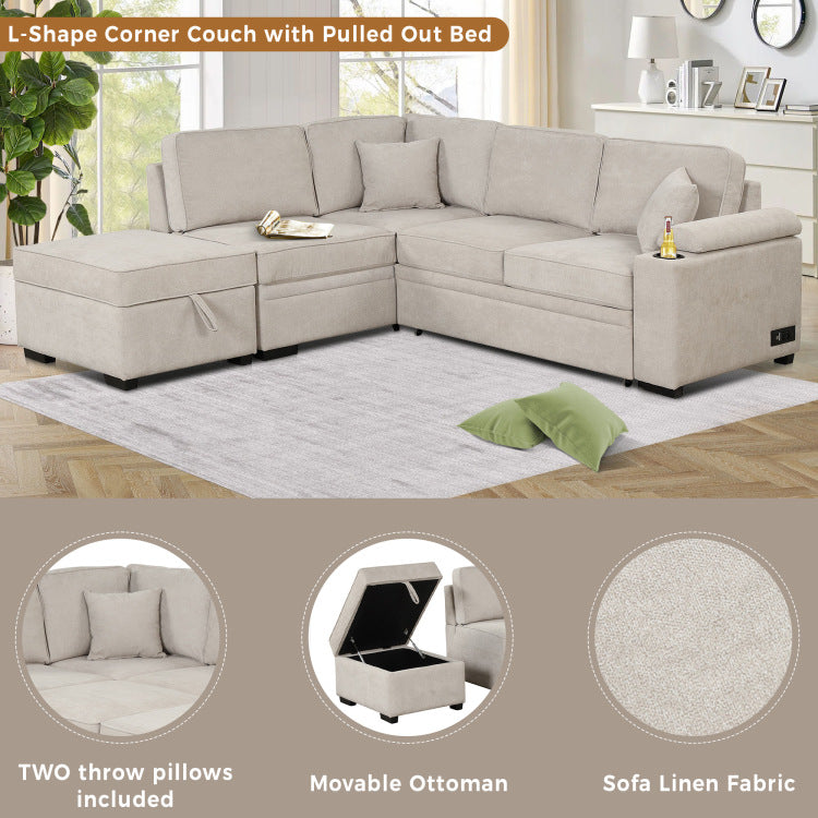 84.75" Sleeper Sofa Bed,2 In 1 Pull Out Sofa Bed L Shape Couch With Storage Ottoman For Living Room,Bedroom Couch And Small Apartment, Beige