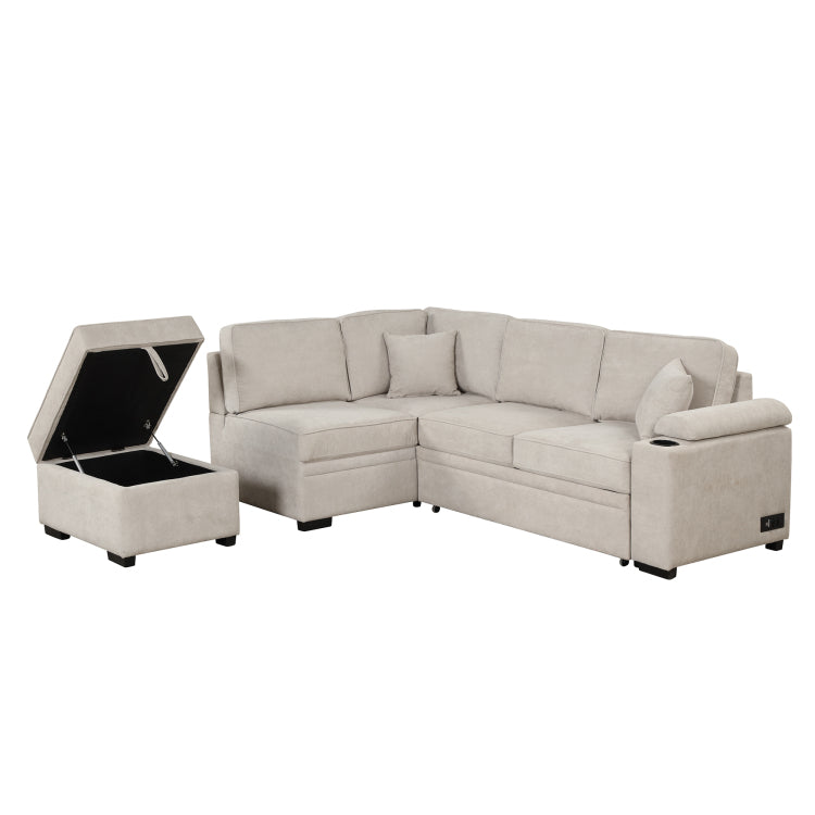 84.75" Sleeper Sofa Bed,2 In 1 Pull Out Sofa Bed L Shape Couch With Storage Ottoman For Living Room,Bedroom Couch And Small Apartment, Beige