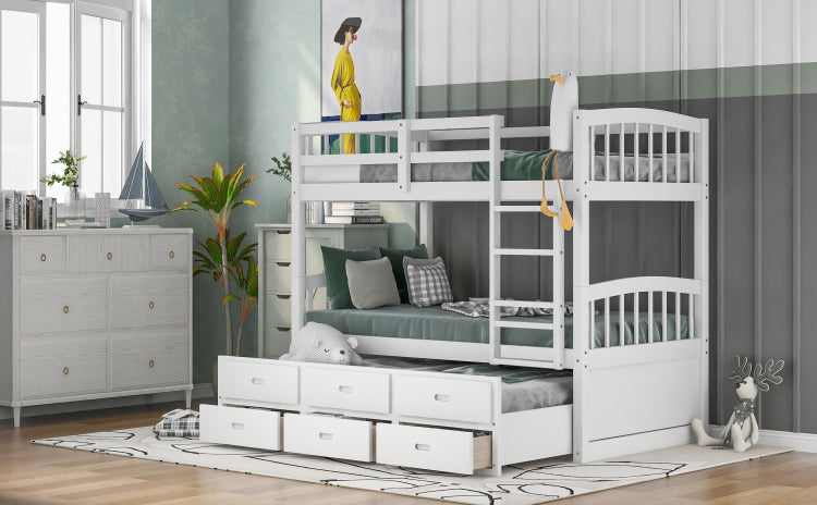 Twin Over Twin Wood Bunk Bed With Trundle And Drawers,White