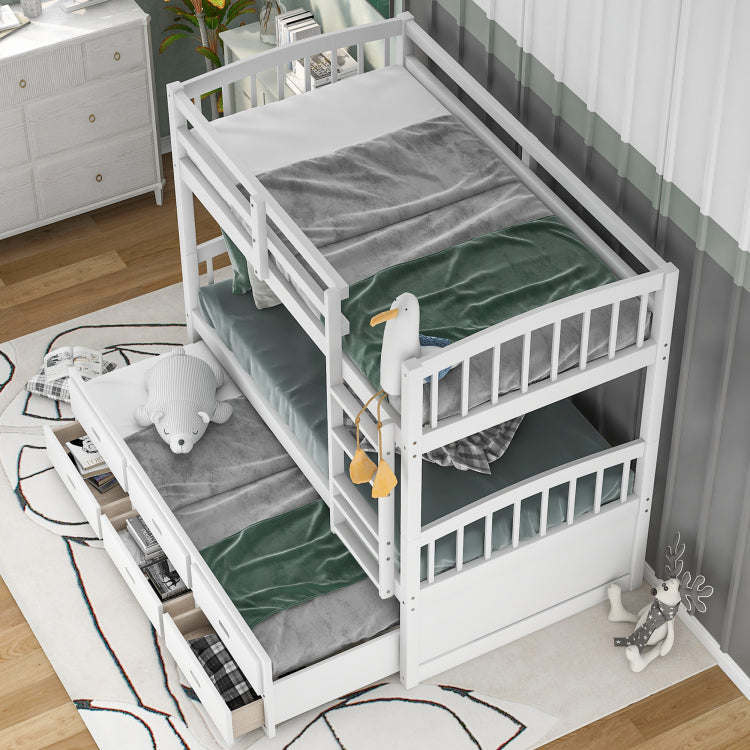 Twin Over Twin Wood Bunk Bed With Trundle And Drawers,White