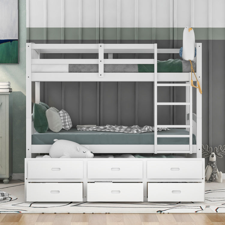 Twin Over Twin Wood Bunk Bed With Trundle And Drawers,White