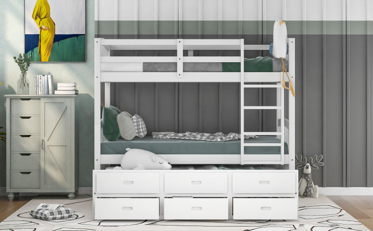 Twin Over Twin Wood Bunk Bed With Trundle And Drawers,White