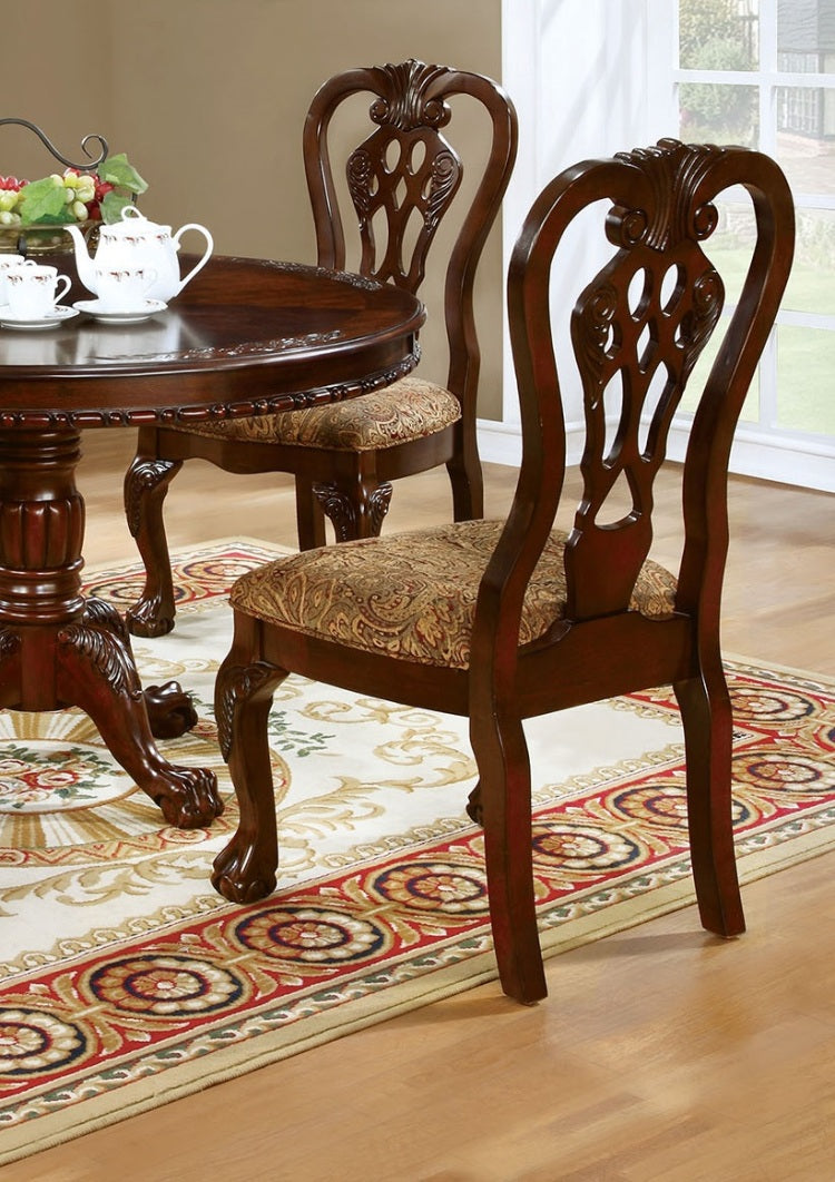 Formal Classic Traditional Dining Chairs Cherry Solid Wood Damask Print Fabric Seat Intricate Back Design Ball & Claw Feet Set Of 2 Side Chairs