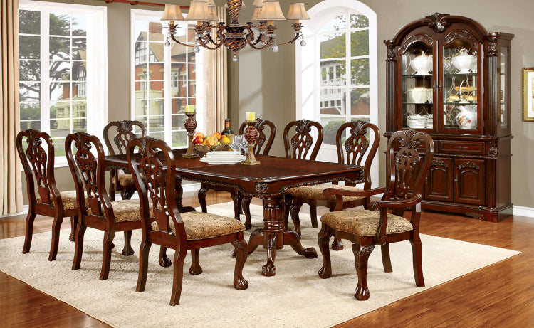 Formal Classic Traditional Dining Chairs Cherry Solid Wood Damask Print Fabric Seat Intricate Back Design Ball & Claw Feet Set Of 2 Side Chairs