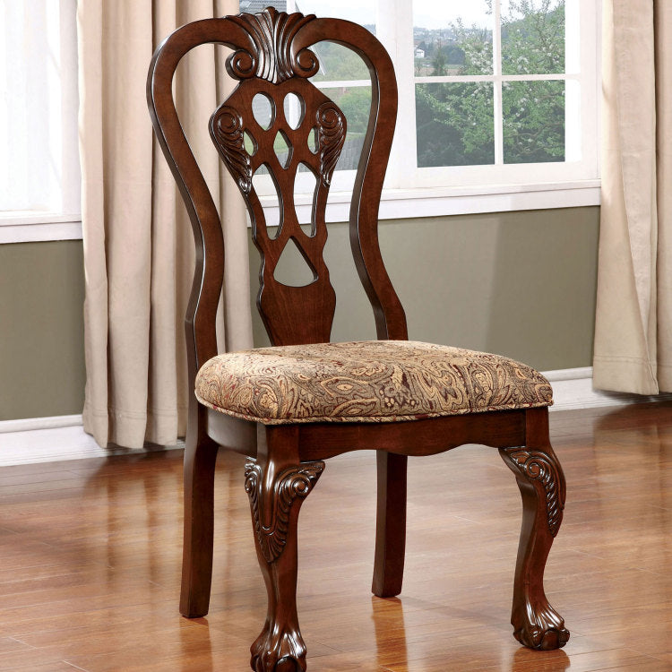 Formal Classic Traditional Dining Chairs Cherry Solid Wood Damask Print Fabric Seat Intricate Back Design Ball & Claw Feet Set Of 2 Side Chairs