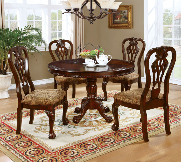 Formal Classic Traditional Dining Chairs Cherry Solid Wood Damask Print Fabric Seat Intricate Back Design Ball & Claw Feet Set Of 2 Side Chairs