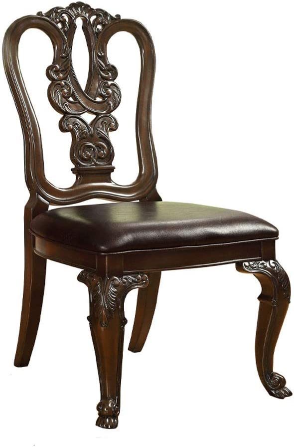 Traditional Intricate Back Design Set Of 2 Side Chairs Brown Cherry Solid Wood Chair Padded Fabric Seat Kitchen Dining Room Furniture