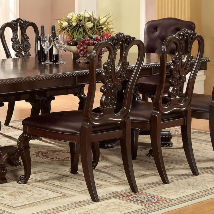 Traditional Intricate Back Design Set Of 2 Side Chairs Brown Cherry Solid Wood Chair Padded Fabric Seat Kitchen Dining Room Furniture
