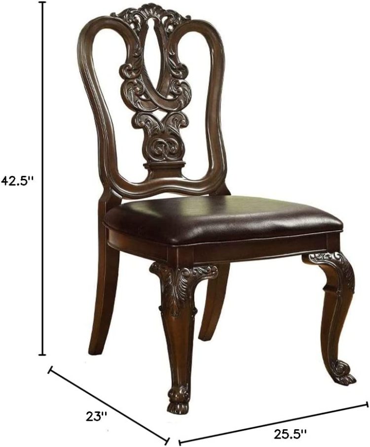 Traditional Intricate Back Design Set Of 2 Side Chairs Brown Cherry Solid Wood Chair Padded Fabric Seat Kitchen Dining Room Furniture