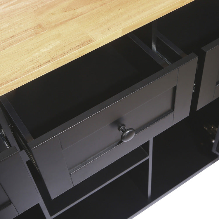 Kitchen Cart With Rubber Wood Drop Leaf Countertop ,Cabinet Door Internal Storage Racks,Kitchen Island On 5 Wheels With Storage Cabinet And 3 Drawers For Dinning Room, Black