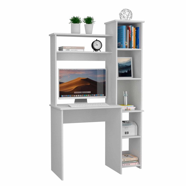 White 6 Shelf Writing Desk With Built In Bookcase